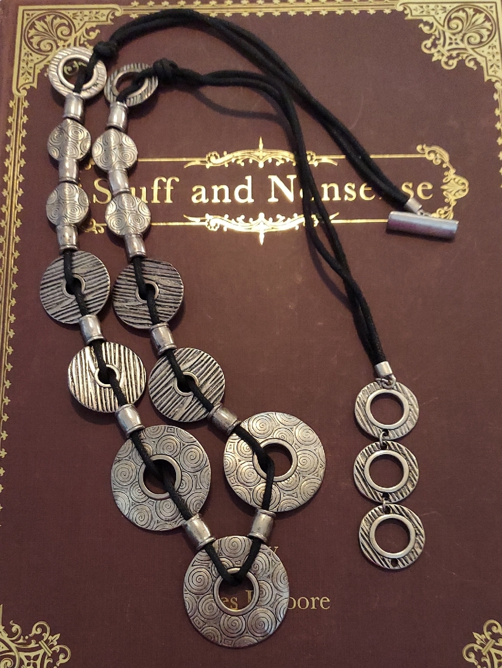 Silver-Tone Circular Pendant Statement Necklace - Black Cord Premier Designs